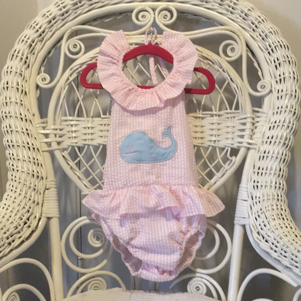 Girls 5 seersucker halter bathing suit